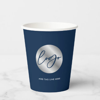 Corporate Navy & Silver Logo Business Branded Paper Cups