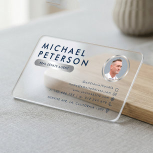 Corporate Navy & Silver Modern Icons Photo Plastic Clear Business Cards