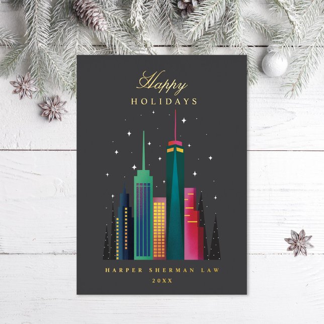 Corporate Office City Skyline Business Foil Holiday Card (Creator Uploaded)