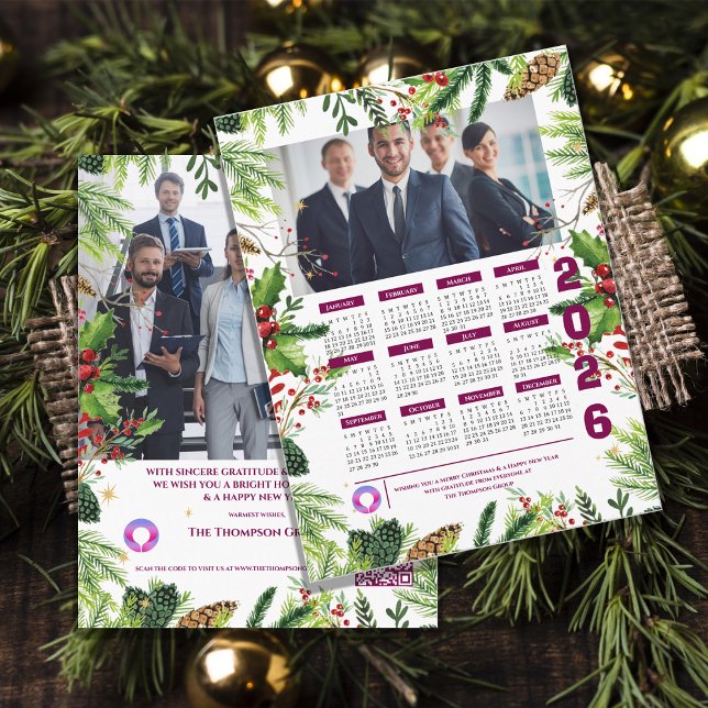 Corporate Photo Green Pine Calendar Christmas Holiday Postcard (Elegant Business Christmas Corporate 2026 Calendar Holiday Postcard)