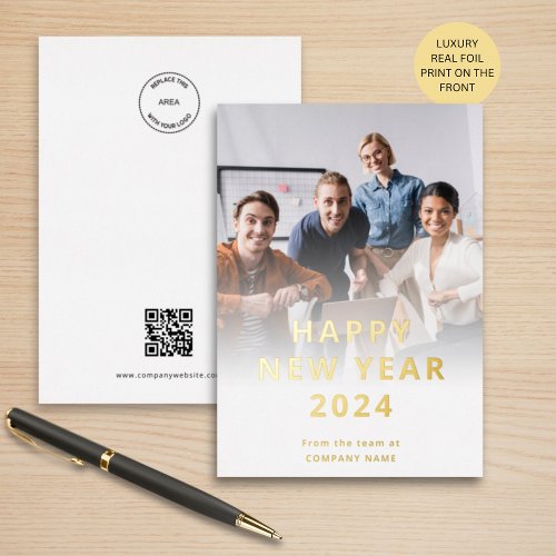 Corporate Photo Logo QR Code Happy New Year 2024 Foil Holiday Card