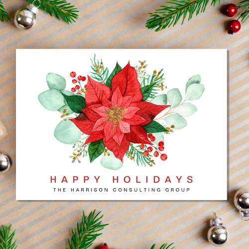 Corporate Poinsettia Eucalyptus Watercolor Company Holiday Card