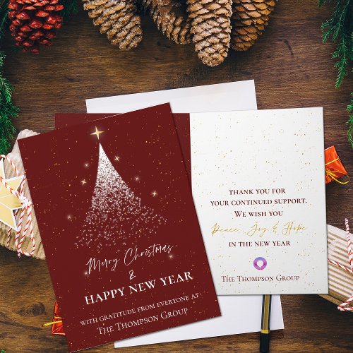 Corporate Red Gold Glitter Tree Christmas New Year Note Card