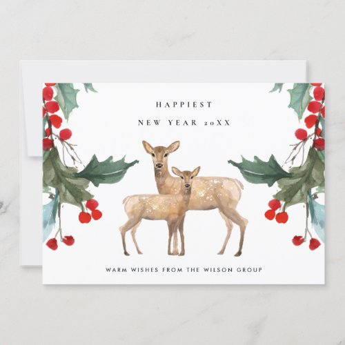 CORPORATE RED GREEN HOLLY BERRY DEER DUO NEW YEAR HOLIDAY CARD