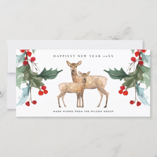 CORPORATE RED GREEN HOLLY BERRY DEER DUO NEW YEAR HOLIDAY CARD