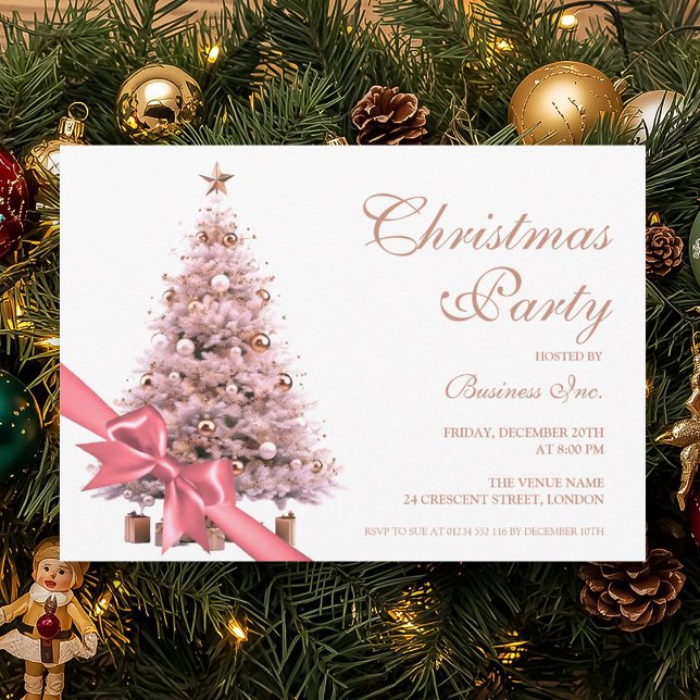 Corporate Rose Gold Christmas Tree Bow Holiday  Invitation (Corporate Rose Gold Christmas Tree Bow Holiday Invitation)