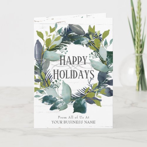 Corporate Rustic Watercolor Wreath Happy Holidays Holiday Card