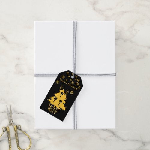 corporate style graphic black and gold tree gift tags