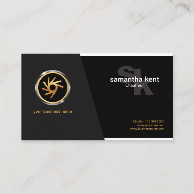 Corporate Stylish Tire Rim Logo Monogram Chauffeur Business Card (Front)