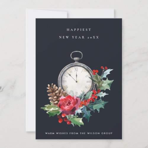 CORPORATE VINTAGE NAVY HOLLY BERRY NEW YEAR CLOCK HOLIDAY CARD