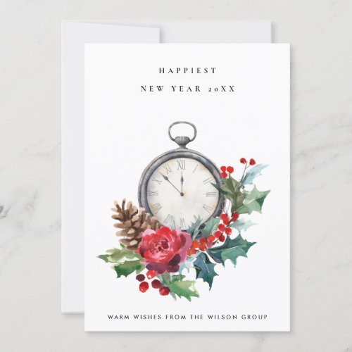 CORPORATE VINTAGE RED HOLLY BERRY NEW YEAR CLOCK HOLIDAY CARD