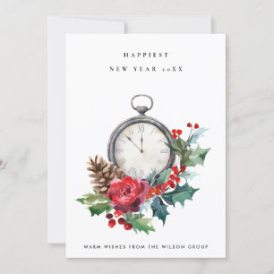 CORPORATE VINTAGE RED HOLLY BERRY NEW YEAR CLOCK HOLIDAY CARD