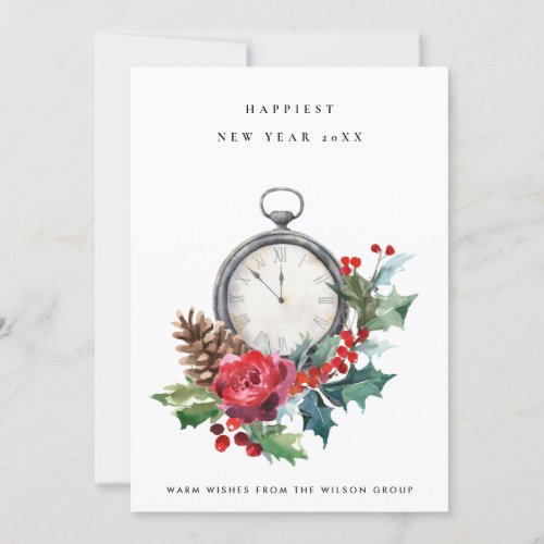 CORPORATE VINTAGE RED  HOLLY BERRY NEW YEAR CLOCK HOLIDAY CARD