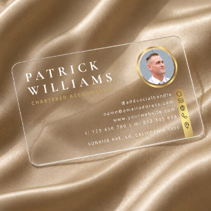 Corporate White & Gold Contact Icons Photo Plastic Clear Business Cards