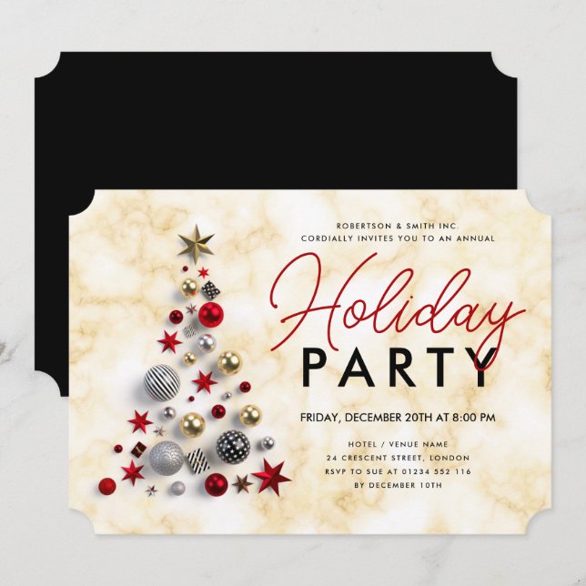 Corporate Xmas Tree Holiday Party Marble Gold Invitation (Front/Back)