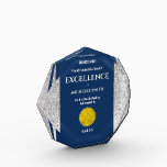 Corporate year end excellence DIY logo blue Acrylic Award<br><div class="desc">A faux golden seal which can be replaced with your school, business, college or varsity logo is framed by a faux silver shimmer sparkling border. Templates for your personal wording to record an outstanding achievement appear in bold black fonts on a dark blue background that may be changed to any...</div>