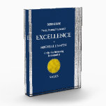 Corporate year end excellence DIY logo navy Acrylic Award<br><div class="desc">A faux golden seal which can be replaced with your school, business, college or varsity logo is framed by a faux silver shimmer sparkling border. Templates for your personal wording to record an outstanding achievement appear in bold white fonts on a dark blue background that may be changed to any...</div>