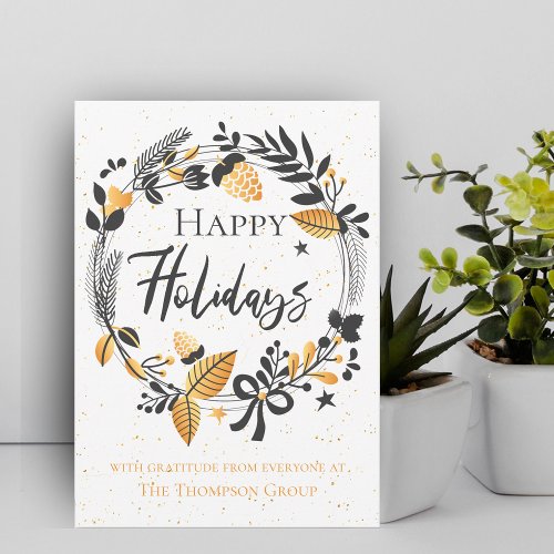 Corporate  Yellow Black Wreath  Happy Holidays Note Card