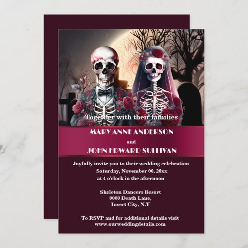 Corpse bride groom burgundy rose gothic wedding invitation