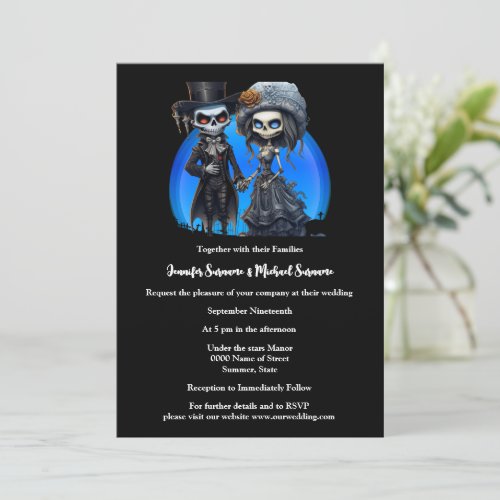 Corpse bride groom day dead black blue skeleton  invitation