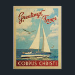 Corpus Christi Postcard Sailboat Vintage Texas<br><div class="desc">This Greetings From Corpus Christi Texas vintage travel nautical design features a boat sailing on the water with seagulls and a blue sky filled with gorgeous puffy white clouds.</div>