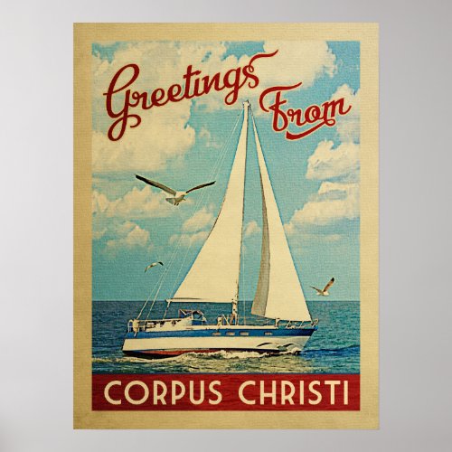 Corpus Christi Sailboat Vintage Travel Texas Poster