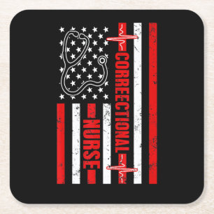 Correctional Nurse Usa American Flag Heartbeat Ste Square Paper Coaster