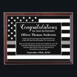 Correctional Officer Retirement Congratulations Award Plaque<br><div class="desc">Celebrate and show your appreciation to an outstanding Correctional Officer with this Thin Gray Line Award - American flag design in Corrections Flag colors , modern black silver gray design. Personalize this correctional officer retirement award with officers name, text with law enforcement department name and community, and date of retirement....</div>
