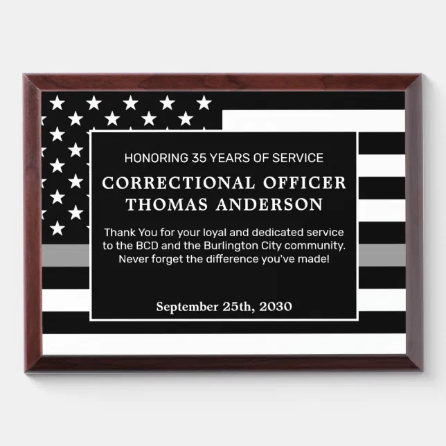 Correctional Officer Retirement Thin Gray Line Award Plaque Zazzle