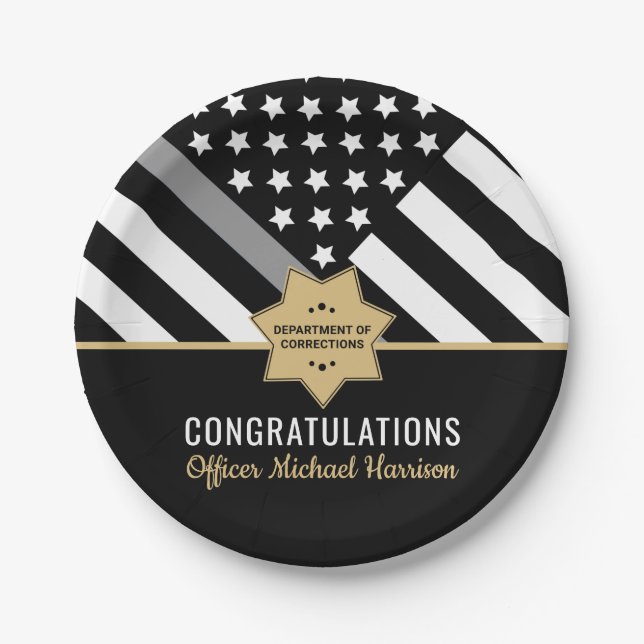 Corrections Officer Graduation Party Silver Line Paper Plates (Front)