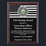 Corrections Officer Life Saving Department Logo Award Plaque<br><div class="desc">Celebrate and show your appreciation to an outstanding Correctional Officer with this Thin Silver Line Correctional Officer Life Saving Award - American flag design in Corrections Flag colors , modern black silver gray design with custom jail, prison or department logo. Personalize this correctional officer award with law enforcement name, text...</div>
