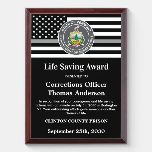Corrections Officer Life Saving Department Logo Award Plaque