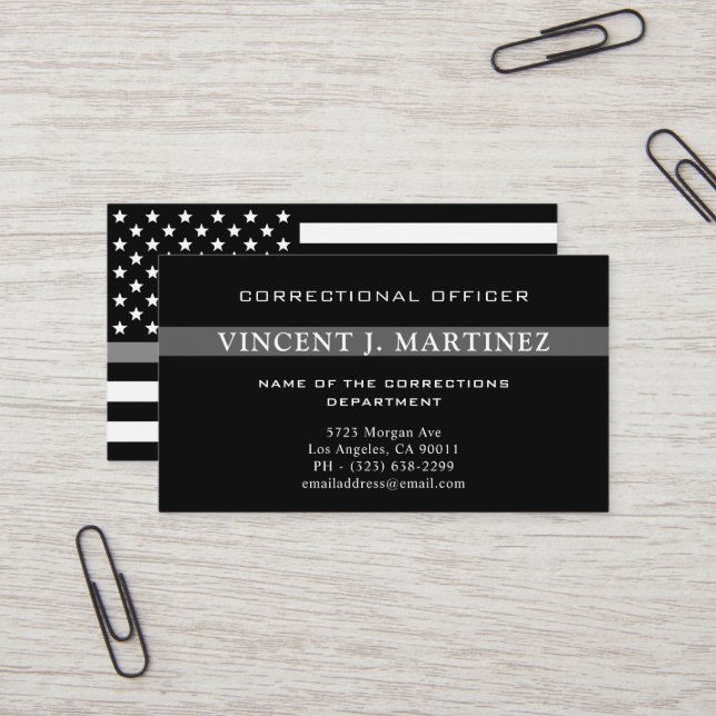 Corrections Officer Thin Silver Line Flag Business Card (Front/Back In Situ)