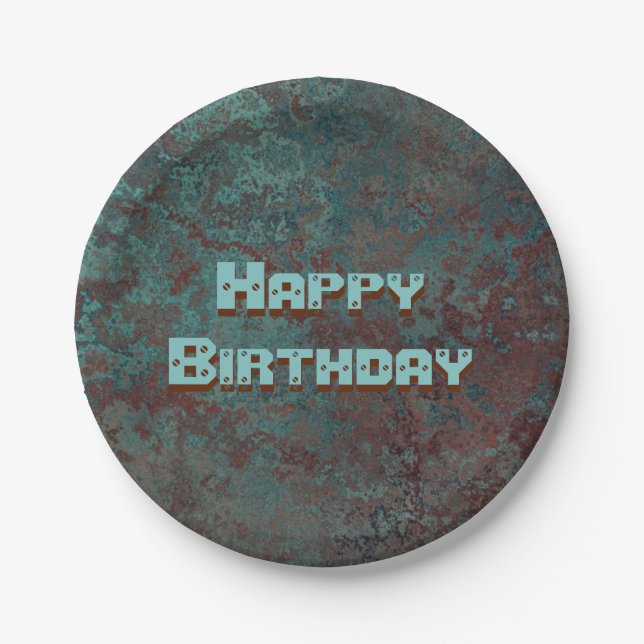 Corrosion "Copper" print Happy Birthday Paper Plates (Front)