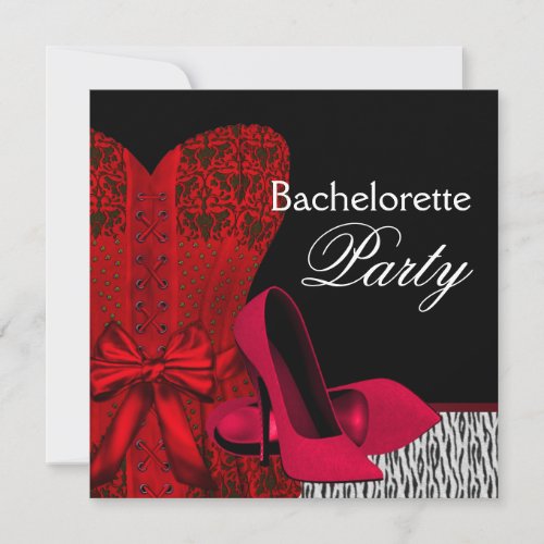 Corset High Heels Red Zebra Bachelorette Party Custom Invitation