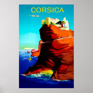 Corsica, medieval fortress on the cliff, vintage poster