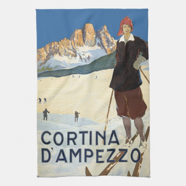 Cortina d'Ampezzo, Italy, Vintage Travel Ski Alps Kitchen Towel (Vertical)
