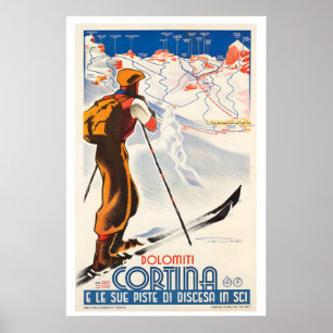 Cortina Dolomites Italy Vintage Ski Poster