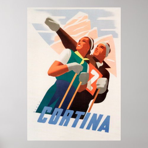Cortina Italy Snow Skiing Vintage Travel Poster