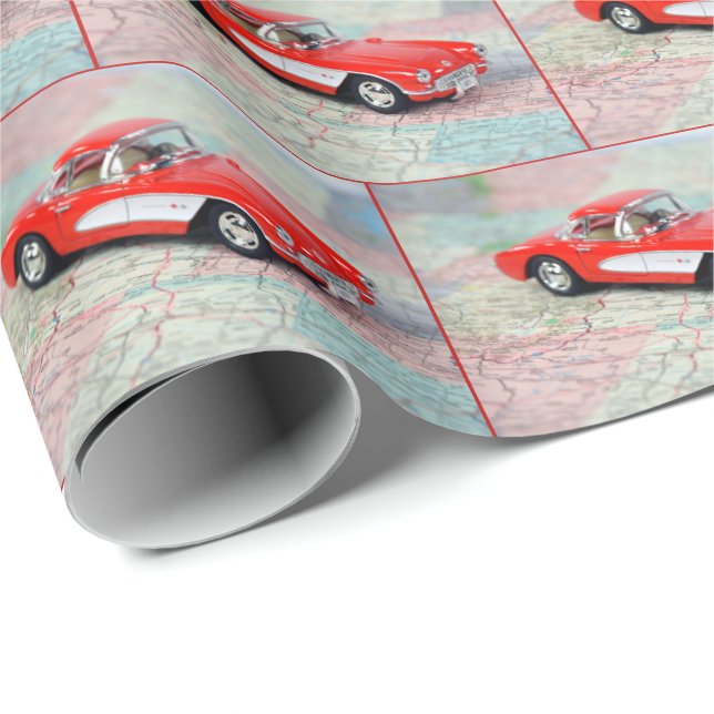 Corvette 1957 on road map wrapping paper (Roll Corner)