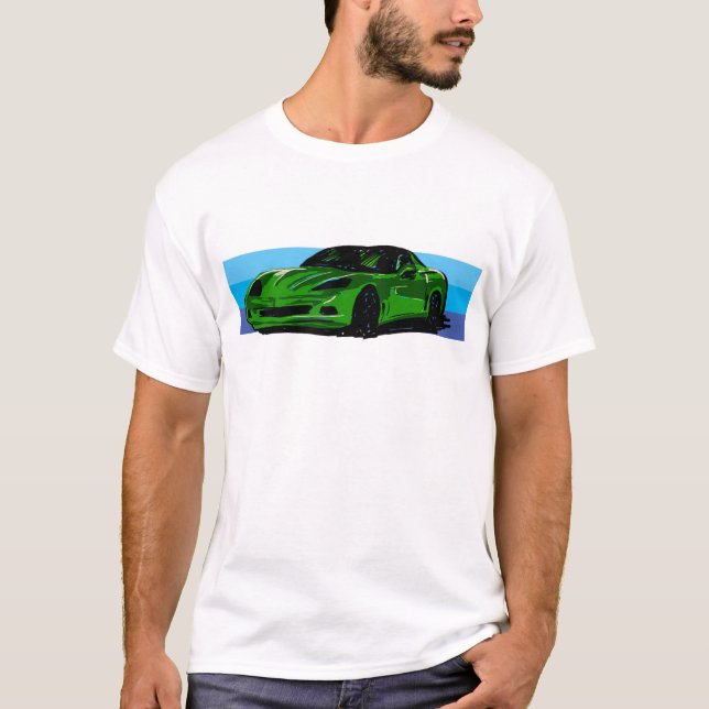 Corvette C6 Green Sportscar with Blue Stripe  T-Shirt (Front)