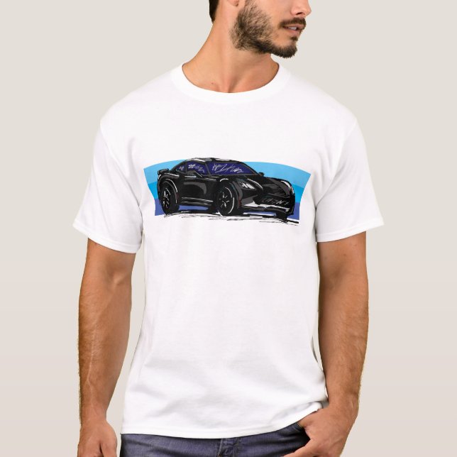 Corvette C7 Black Sportscar with Blue Stripe  T-Shirt (Front)