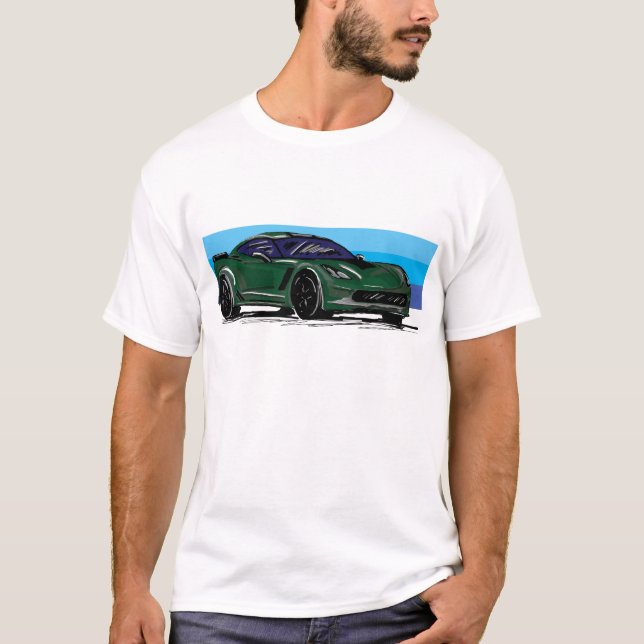 Corvette C7 Green Sportscar with Blue Stripe  T-Shirt (Front)