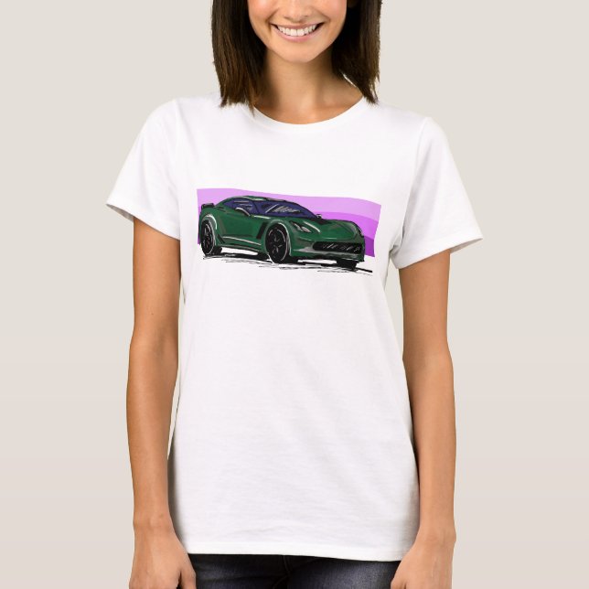 Corvette C7 Green Sportscar with Blue Stripe  T-Shirt (Front)