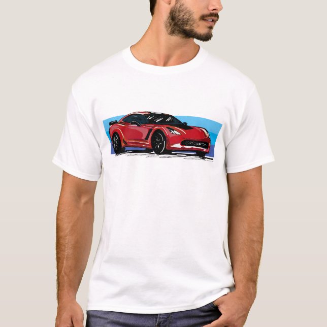 Corvette C7 Red Sportscar with Blue Stripe  T-Shirt (Front)