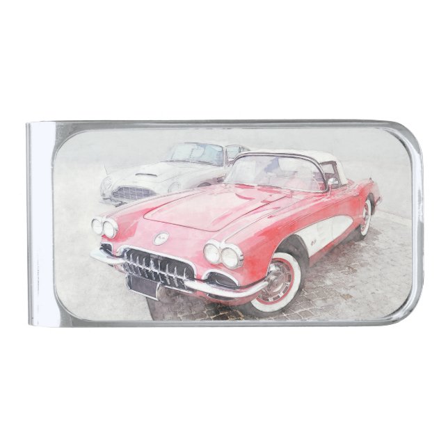 Corvette Digital Painting Silver Finish Money Clip (Front)