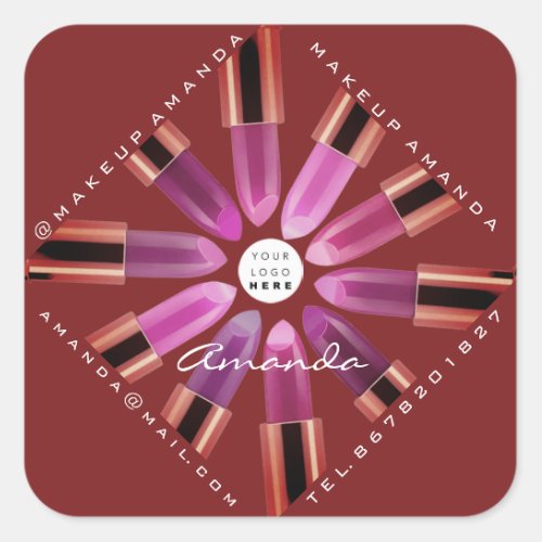 Cosmetic Makeup Artist Pink Lipstick Burgundy Square Sticker