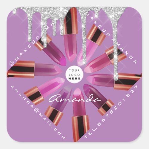 Cosmetic Makeup Artist Pink Lipstick Logo DripGray Square Sticker
