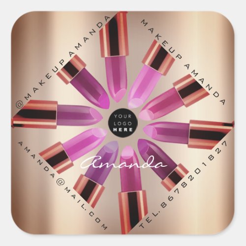 Cosmetic Makeup Artist Pink Lipstick Rose Gold Square Sticker