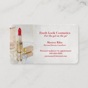 Cosmetic product with red lipstick on mirror business card